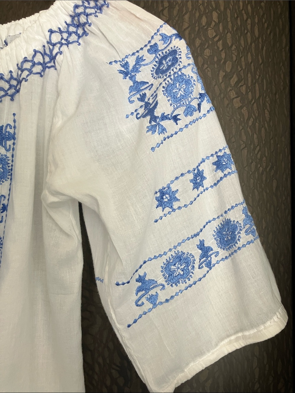 LETARTE Boho Peasant Top White w/ Blue Hand Embroidery Delicate Cotton Size S - Picture 4 of 9